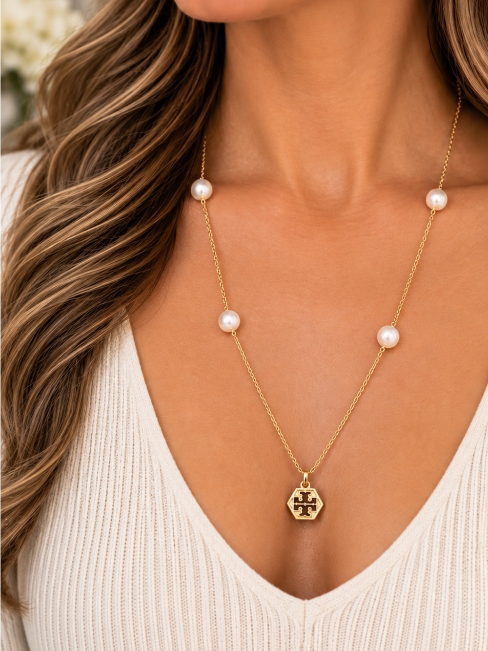 Tory Burch Gold Toned chain necklace with pearls and iconic logo